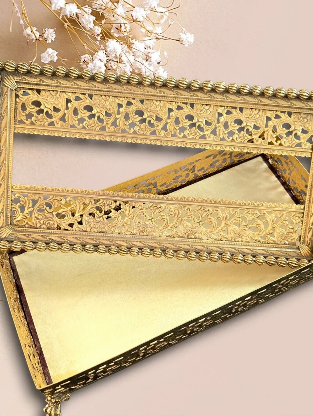 Vtg Hollywood Regency Gold Filigree Tissue Box Cover MidCentury Gilt Claw Feet
